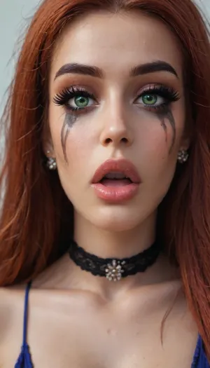 instagram photo, (close-up face:1.8), 18 y.o., slut, red hair, very long hair, big lips, beautiful face, black choker, extra detailed, high definition, (glamorous smash makeup:1.5), (boobs:1.2), ((open mouth)), (green eyes), (((very very big long eyelashes:1.4))), (ab crack), ((wet Skin)), ((cum on face)), ((cum on eyelashes)), choker, covered long erect nipples, (in the bad), ((erotic pijamas:1.7)), shadows, bright light patches, light caustics, (Dynamic angle:1.5), round breasts, hard nipples, narrow waist, (big tits:1.3), (small butt:1.5), ((very skinny:1.5)), tears, short body, realistick, <lora:melanin-XL:1.3>