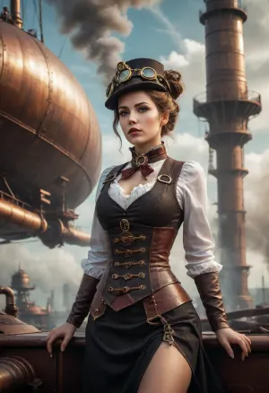 Steampunk world, flying ships, airships, planes with smokestacks, Steampunk girl, art