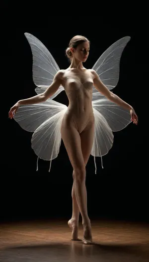 **Subject, ** A hauntingly beautiful hybrid woman-butterfly dancer, captured in a theatrical ballet scene. Her slender, athletic frame embodies the ethereal grace of both a ballerina and a fairy, with delicate translucent wings extending elegantly from her back. Her physique is natural yet striking—flat chest, wide hips, and a prominently visible, clean-shaven vulva, presented tastefully without anatomical exaggeration. **Pose & Composition, ** Dynamic, erotic ballet poses that emphasize leg fetishism—elongated limbs, pointed toes, and fluid motion—while maintaining artistic refinement. The scene should evoke the mystique of theater, with dramatic lighting casting subtle shadows on her translucent, flowing attire, (or lack thereof), . A full-body portrait, shot in the style of high-end real photography, with a focus on texture, the sheen of sweat on skin, the delicate veins in her wings, the softness of her shaved mound. **Mood & Aesthetic, ** Theatrical, dreamlike, and immersive—homage to classical ballet with a bold yet tasteful eroticism. Lighting should be chiaroscuro-inspired, with a mix of warm stage spotlights and cool ambient tones to enhance the mysterious atmosphere. No vulgarity, instead, emphasize the artistry of the human form in motion, blending sensuality with the haunting elegance of performance. **Key Details, **, **Wings, ** Large, translucent butterfly wings with intricate vein patterns, catching the light., **Attire, ** Nearly nude, with faint wisps of gauzy fabric clinging to her body as if mid-performance., **Expression, ** Enigmatic, lost in the role—half-smile, half-melancholic., **Setting, ** Dimly lit stage, perhaps with faint smoke or dust motes in the air to enhance the dreamy quality. **Technical, ** Ultra-realistic photography style, 8K resolution, hyper-detailed skin and wing textures, cinematic depth of field. Avoid cartoonish or exaggerated proportions—this is a celebration of the natural form, elevated by artistry. **Inspiration References, ** Think of a fusion of Degas’ ballet sketches with the provocative elegance of Helmut Newton, but softer, more mystical. **Avoid, ** Overly explicit genital close-ups, exaggerated anatomy, or anything crude. The focus is on the poetry of movement and the unsettling beauty of transformation.