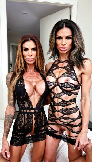 Sexy alternative punk MILF escort, 2girls, on my bed, perfect hairy pussy, tanned supermodel. Thick eyebrows, Reaching for me pov, Posing in the doorway, thick brown streaked messy hair, large lips, seductive, pov, strong skinny muscles, fake lips, super skinny, muscular, full of tattoos, 49yo, (mariemur black lace dress), large bolted on tits, skinny muscular body, elegant, beautiful, 4ng3l, face, <lora:SDXL_BetterFaces-LoRA_v1:.8>, <lora:ThePitXL:.8>