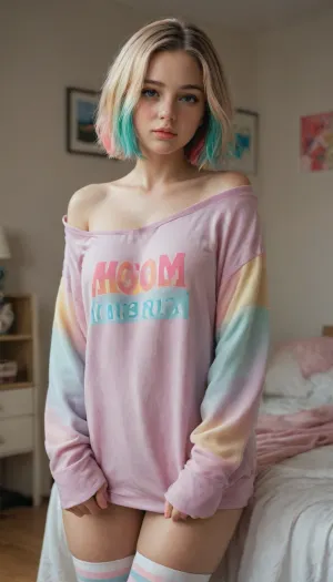 Portrait girl, hn tanuki, freckles, pastel streak hair, oversized hoodie offshoulder, thigh highs, bedroom, soft rim
Quality High