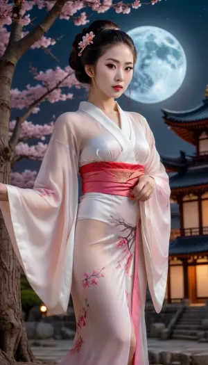 The setting of an ancient Chinese castle, midnight, bright moonlight, a huge full moon in the dark sky, a huge blooming sakura tree growing in the center of the square, a gorgeous tall geisha standing at the base of the tree, the geisha taking off her outfit, showing off her gorgeous pale smooth skin, her natural breasts slightly shifting due to their large size, erect nipples with soft pink areolas attract the viewer's gaze, the girl is dressed in a translucent white kimono, (a play of colors, different options for delicate colors of clothes), the moonlight falls on the girl illuminating her magnificent body, the girl is 21 years old, long straight hair, professional makeup, lots of foundation, bright scarlet thin lips, a small neat nose, expressive outlined eyes, high eyebrows, thick airy eyelashes, posing in front of the camera, full frame, full growth, ideal anatomy of the female body., fflix-geisha, <lora:Fflix-Geisha:1.5>