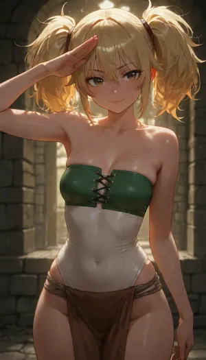 (anime illustration style 1.6), , (high quality anime shading 1.4), , (clean lineart 1.3), , (female character 1.0), , (young adult woman 1.0), , (adventurer-type character 1.2), , (blonde hair 1.4), , (light yellow hair tone 1.3), , (twin ponytails 1.4), , (loose front strands 1.2), , (slightly messy hair 1.1), , (large expressive anime eyes 1.5), , (dark eye color 1.2), , (confident facial expression 1.4), , (slight playful smile 1.3), , (salute hand gesture 1.2), , (right hand raised to forehead 1.1), , (relaxed but confident pose 1.4), , (upright posture 1.3), , (athletic feminine build 1.4), , (curvy body proportions 1.8), , (well-defined upper body 1.9), , (slim waist 1.6), , (visible abdominal definition 1.4), , (green strapless top 1.6), , (front-tied clothing detail 1.3), , (simple fantasy outfit 1.2), , (brown lower garment 1.1), , (light-colored waistband 1.1), , (scratches on skin 1.4), , (battle damage details 1.5), , (dirt marks and scuffs 1.3), , (survived combat impression 1.6), , (dungeon environment 1.6), , (stone brick walls 1.5), , (old ruined architecture 1.4), , (dark fantasy setting 1.5), , (dim ambient lighting 1.3), , (character brighter than background 1.4), , (strong subject focus 1.5), , (heroic adventurous mood 1.6)