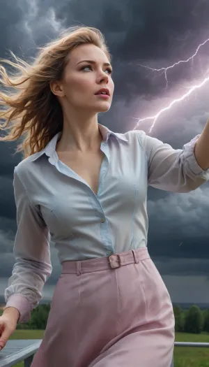 russian woman, opened blouse, floating hairs, (female meteorologist releases a probe near an observatory), lightning in the sky, stormy weather, pastel painting