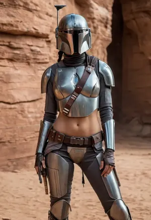 Uber realistic, 8k, ultra detailed, masterpiece, Star wars female, mandalorian, hair with a long braid, grey armor, black belt, black boots, grey mandalorian helmet, full Body Photo in sci fi setting, Future, Star wars, pussy, exposed, (pussy in view), (exposed pussy), (show pussy), bottomless, nude