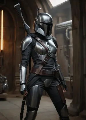 Uber realistic, 8k, ultra detailed, masterpiece, Star wars female, mandalorian, hair with a long braid, grey armor, black belt, black boots, grey mandalorian helmet, full Body Photo in sci fi setting, Future, Star wars, pussy, exposed, (pussy in view), (exposed pussy), (show pussy), bottomless, nude