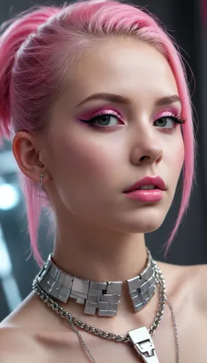 cyber punk, graphic design, pink electronic, girl's face, side view, pretty and cute, silver shiny necklace, silver background, gleaming lips, white skin