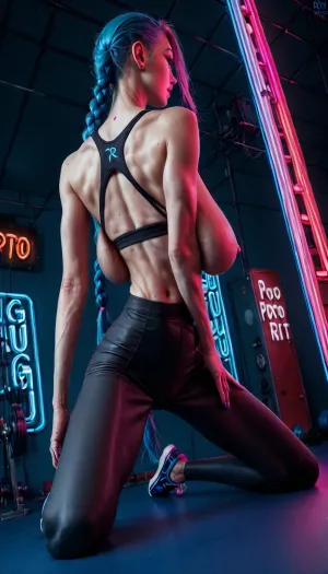 21 year old Russian pretty scary face, (((jinx))), whore long hair, The girl has a very very slender body and, ((mega rounded natural massive long saggy breasts:1.6)), (((narrow waist:1.6))), ((perfect amazing soft torpedo hanging sagging breasts, veins breast, veins tits, (veiny breasts:1.1), perfect nipples, veins on the chest)), (((slim hips:1.9))), ((long slender legs:1.6)), ((sports top, low waisted, Pro, neon, colored, pushup, leggings:1.8)), ((back view, diagonal Angle:1.6)), ((girl kneeling slave dynamic tit posing)), <lora:sagging-000015:2>, <lora:Leggings:1.6>, <lora:pizzolato_sdxl:1.8>