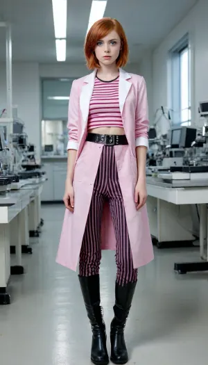 1 Girl, (19 Years old, FULL BODY, Clonated face), (Small breasts, Skinny), (Big electric blue eyes, Serious look), (Short hair, Bob cut, Redhead), (In an experimental laboratory), (Pink crop top, open lab coat, black and white striped flared trousers, wide black belt with silver studs, combat boots), (Extrem long shot, Panoramic shot of her, FULL BODY)