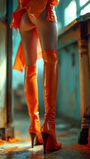 (Boots {high high}{latex}{orange}{no hosiery}), (masterpiece, best quality, high resolution:1.1), ((view from behind, no panties, view of pussy and legs and shoes)), <lora:add-detail-xl:1.2>, <lora:MJ52:.8>, <lora:BUT_SDXL_SHS:.8>