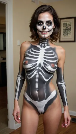 Amature photo, wrong angle, bad quality, low quality, bad art, Sexy skeleton costume, gorgeous 40yo brunette russian woman with athletic build and perky tiny tits with black and white skeleton style bodypaint at a Halloween party, 3/4 body view, seduce smile, (short wavy hair), hairy pussy, no face paint