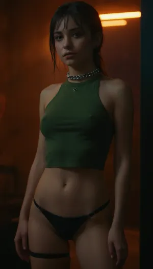 full body, cyberpunk atmosphere, cyberpunk ultra cute petite girl with an extreme tight tanktop, wearing a micro thong, chocker
perfect realism, masterpiece, details added for realism, braless, Wearing, clothes, that, make, sense, with, Braless>, <lora:bralessSDXL_v1_00022:1.9>, <lora:PantyPull-000005:.8>, shot from below, green misty backlight