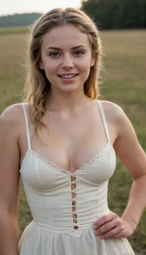 (((Closeup portrait))), photo of 1girl, colonial girl, natural, amateur, tall, athletic, strong, toned, (((American colonial girl outdoors in a field))), (), (detailed face), sexy smiling, perfect teeth, (((submissive))), beautiful eyes, (((big round busty massive tits overflowing cleavage)), deep cleavage), covered nipples, slim, skinny, (((wearing, (((threadbare))), torn dirty ragged 1800s off white farmer spaghetti strap bodice dress))), (((clothes are threadbare, torn, dirty, distressed))), detailed skin, pores, moles, (Masterpiece:1.3), photo, 8K, UHD, hyper realistic, (photorealism:1.4), extremely detailed, professional lighting, photon mapping, radiused, physics based rendering, extremely detailed eyes and face, light on face, ((over-detailed professional photography, masterpiece, epic photorealism)), DSLR camera, best quality, best resolution, uhd, perfect composition of lights and shadows, dynamic, the brightest image, clear focus, 32k, 30 mm lens, 1/250 s, f/2.8, ISO 300, side view