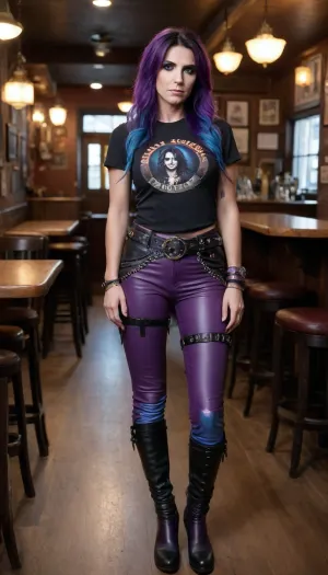 1 Girl, (34 Years old, FULL BODY, Clonated face), (Very huge breasts, Skinny, Petite), (Light blue eyes, Cold look), (Long hair, Purple hair), (In a disreputable tavern), (Black T-shirt with Alice Cooper print, slim-fit black leather trousers, wide rock/metal style belt, purple metal style combat boots), (Extrem long shot, Panoramic shot of her, FULL BODY)