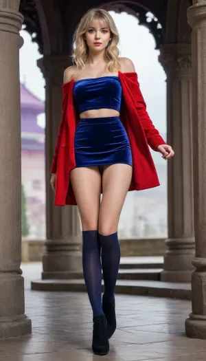 1 Girl, (19 Years old, FULL BODY, Clonated face), (Medium breasts, Neat figure), (Light grey eyes, Mischievous look), (Medium hair, Bangs, Light blonde hair), (In the temple of the violet skies), (Black velvet off-the-shoulder crop top, open red long coat, open dark blue asymmetrical mini skirt, dark blue pantyhose under the skirt, black knee-high boots), (Extrem long shot, Panoramic shot of her, FULL BODY)