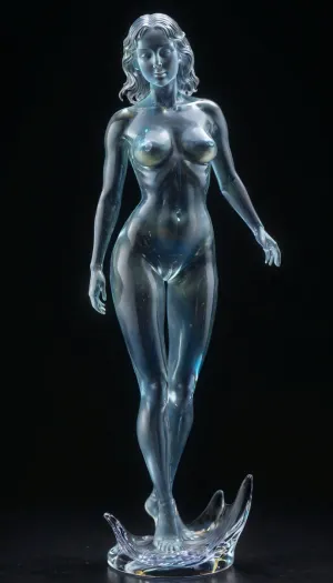 A woman made of translucent, transparent, colorless glass, with a voluptuous female figure. The figure is nude, revealing her internal structure with subtle anatomical details. The glass has a polished, reflective surface that captures and refracts light. Her hair is loose, and her facial expression is neutral., (In a horror dark cave, with little lighting at midnight), . translucent, transparent, murano_glass_style, shineglasscd_xl, <lora:sdxl_glass:1.5>, <lora:shineglasscd_xl-000005:1>, <lora:Murano_Glass_Style:.5>
