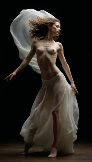 "Create a striking, full-body portrait of a 40-year-old avant-garde dancer in a dramatic theatrical scene, embodying the raw power of wind and storm. The composition should evoke modern dance and avant-garde theater, with a haunting, mysterious mood. **Subject, ** A mature female dancer with a lithe, athletic frame—flat chest, wide hips, and a clean-shaven vulva prominently visible beneath translucent, wind-swept fabrics that cling to her form. Her pose should convey struggle and fluid motion, as if battling unseen forces. **Lighting & Atmosphere, ** High-contrast chiaroscuro lighting, with dramatic shadows sculpting her body. A cold, cinematic glow—reminiscent of experimental theater—illuminates her skin, emphasizing texture and realism. **Styling & Details, ** Translucent, tattered costume pieces, (gauze, silk), that suggest movement without concealing the body. No anatomical exaggeration, focus on natural proportions and the vulnerability of the human form. The scene should balance artistic explicitness with tastefulness—erotic yet refined, like a homage to pioneering performance art. **Inspirations, ** Eiko Ishioka’s theatrical costumes, Robert Mapplethorpe’s bold compositions, and the raw physicality of Pina Bausch’s choreography. Photorealistic, with a grainy, cinematic quality—no digital artifice. **Mood, ** Haunting, elemental, and unapologetically visceral—a fusion of dance, struggle, and eroticism as high art." 
