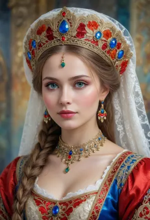 Portrait of a Russian beauty in national costume, lace filigree of bright, rich color. Super clear, highly detailed watercolor, glaze technique, plus colored alcohol ink, style of V. Vasnetsov