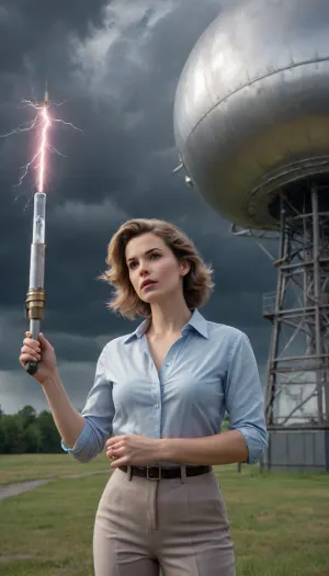 female scientist, in unbuttoned blouse, showing nipples, floating hairs, (female meteorologist releases a probe near an observatory), lifting barometer, silver probe ballon near her, lightning in the sky, stormy weather, pastel painting, pastel style