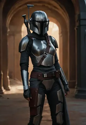 Uber realistic, 8k, ultra detailed, masterpiece, Star wars female, mandalorian, hair with a long braid, grey armor, black belt, black boots, grey mandalorian helmet, full Body Photo in sci fi setting, Future, Star wars, pussy, exposed, (pussy in view), (exposed pussy), (show pussy), bottomless, nude