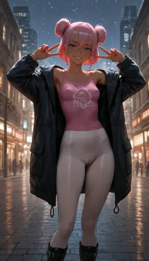 1girl, skinny, nerdy, dark skin, smiling, pierced ears, blue eyes, short pink hair in a messy bun, open black winter coat, erect nipples under loose pink tank top, white leggings with camel toe, doc martens boots, standing, arm lifted with peace sign, outside, daytime, snowing, new york city street, cityscape, soft focus, realistic, detailed, high quality, high contrast, low light, highly detailed, rim lighting