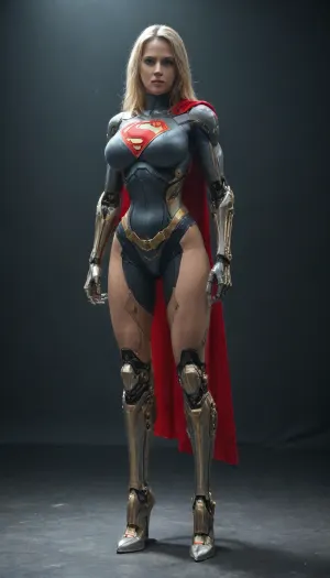 (Android Supergirl:1.6), (chrome exoskeleton:1.6), gleaming with intricate circuitry and exposed hydraulics, red, blue colors, (robotic limbs:1.6), accented by gold plating and glowing cube data ports on her arms, (big breast, metal breastplate:1.3), Muscular legs encased in reinforced plating, elevated in sleek cybernetic heels. Long, platinum blonde hair cascades down her back, interwoven with fiber optic strands. 30-year-old woman, (full height:1.6), (catwalk:1.4), focus, background a sprawling cyberpunk cityscape – holographic advertisements flicker in the rain, drones buzz overhead. Highly detailed, cinematic lighting, octane render, trending on ArtStation – sci-fi, futuristic, gritty realism