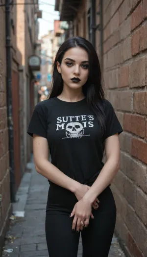 Goth girl, black long straight hair, black eye liner, black lipstick, black finger nails, ooh look in her eyes, alleyway, sundown, misfits shirt, black leggings