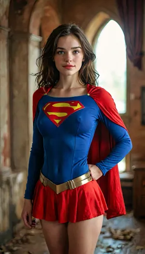 ASSIGNMENT, Take an award-winning photo of a slender petite pale 24-year-old Wisconsin woman dressed in a cinematic Supergirl costume, BREAK.

COSTUME, (cinematic “Supergirl” costume), earrings, BREAK.

FACE, 24 years old, slender petite pale Midwestern woman, long oval-shaped face, amused dark blue eyes, dark eyebrows, strong cheekbones, wide nose, toothy infectious smile, lip gloss, slight overbite, prominent freckles especially on nose and cheekbones, looking at viewer, eye contact, wholesome, pretty, BREAK.

BODY, prominent freckles especially on chest, pale skin with faint one-piece tan lines, perky boobs, highly detailed skin, tight ass, hairy bush, realistic skin with natural pores and blemishes, attractive, perfect hands, handslora, BREAK.

HAIR, messy neckline-length very wavy black hair, detailed hair, BREAK.

LOCATION, (bokeh), outside in front of a wall of ice, BREAK.

POSE, standing, hero shot, central focus, (show from thighs up:1.7), BREAK.

AESTHETIC, score_9, score_8_up, score_7_up, solo, cinematic, 8K, hyper realistic, sexy, BREAK.

TEMPLATES, but, clothes, 4ng3l, face, braless, Wearing, that, make, sense, with, Braless>, <lora:add-detail-xl:2>, <lora:BUT_SDXL_SHS:1>, <lora:MJ52:2>, <lora:SDXL_BetterFaces-LoRA_v1:2>, <lora:bralessSDXL_v1_00022:.5>