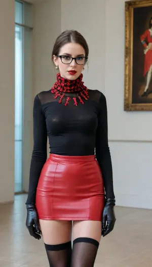 Cumshot scene, the Woman on her Klees, Hufe Lias of cum on Face, Glassrs, scarf and Blouson and Woman 18 years old in Art Museum both beautiful sexy skinny with Glases with Brunette and Bob cut, Satin scarf with houndstooth pattern and pearls earrings in an modern Art Museum, White Walls, high Building, many Glass, very light, wide Perspektiv view in the exibition hall, wearing classy black Overknee Boots, super Short red leather skirt with black stocking, transparent Turtle neck Pullover, very big tits and large hard nipples. looks to the Kamera with Open red lips, smokey eyes Make-up, strict, very angry, frustrated and sadistic Face and sexy athmosphere in the room. Full Body, she holds gloves