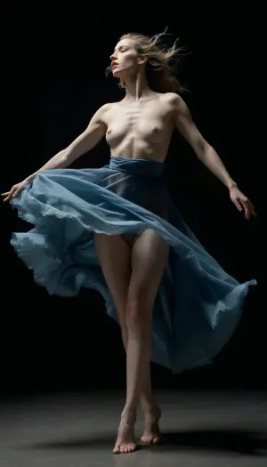 **Subject, ** A striking full-body portrait of a 30-year-old avant-garde actress/dancer, embodying the raw power of wind and storm through expressive movement. Her physique is natural—flat-chested, wide-hipped, with a clean-shaven vulva subtly visible through translucent, flowing theatrical attire. The composition emphasizes her elongated legs, captured in motion, evoking leg fetishism without anatomical exaggeration. **Lighting & Atmosphere, ** Dramatic chiaroscuro lighting with high contrast, casting haunting shadows. A low-angle perspective enhances her commanding presence, reinforcing the theatricality of the scene. The mood is mysterious, intense, and tastefully explicit—an homage to avant-garde performance art, where vulnerability and strength collide. **Stylistic Direction, ** Hyper-realistic photography with a cinematic edge, reminiscent of modern dance photography, (e.g., Lois Greenfield), . The translucency of her clothing should feel organic, not gratuitous, emphasizing texture and movement. The background is minimal—perhaps a dimly lit stage or abstract storm-like haze—to keep focus on her form and emotional intensity. **Key Notes, **, **Tasteful explicitness, ** Nudity is artistic, not eroticized. The vulva is visible but not the focal point, the scene’s power lies in the dancer’s embodiment of struggle., **No caricature, ** Natural body proportions, avoiding hyper-sexualization., **Dynamic tension, ** Frozen mid-movement, as if resisting an unseen force., **Color Palette, ** Moody blues, grays, and faint gold accents for depth. **Inspiration References, ** Pina Bausch’s theatrical rawness, Helmut Newton’s bold compositions, and the emotional physicality of Butoh dance. **Technical Specs, ** Ultra-high resolution, 8K detail, shot on a Hasselblad-style medium format for depth and clarity.