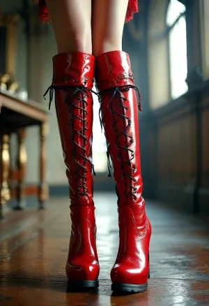 (Boots {platform}{knee high}{leather}{red}{ornate}{no hosiery}), (masterpiece, best quality, high resolution:1.1), (naked, no panties, (showing legs and shoes)), <lora:add-detail-xl:1.2>, <lora:MJ52:.8>, <lora:BUT_SDXL_SHS:.8>