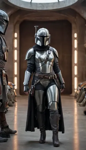 Uber realistic, 8k, ultra detailed, masterpiece, Star wars female, curvy, chubby, busty, huge breasts, mandalorian, hair with a long braid, grey armor, black belt, black boots, grey mandalorian helmet, full Body Photo in sci fi setting, Future, Star wars, pussy, exposed, (pussy in view), (exposed pussy), (show pussy), bottomless, nude