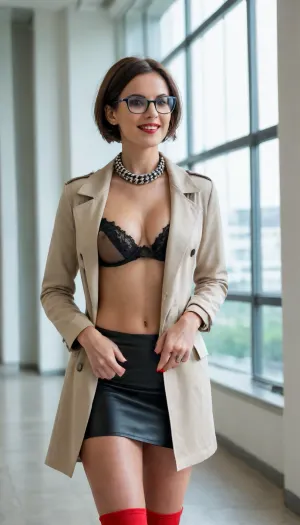 Woman 40 years old in Art Museum both beautiful sexy skinny with Glases with Brunette and Bob cut, Satin scarf with houndstooth pattern and pearls earrings in an modern Art Museum, White Walls, high Building, many Glass, very light, wide Perspektiv view in the exibition hall, high ceiling height, other people in background, wearing classy black high heels, super Short red leather skirt with black stocking, no Shirt, flashing very big tits and large hard nipples. Flashes Beige Trenchcoat widely to Both sides, looks to the Kamera with Open red lips, smokey eyes Make-up, Highly Erotik sexy and seductive Setting, big sexy laughing smile, cum on Face and tits, Full Body view, light jewelery on hands