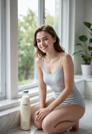 A 25 years old woman kneeling on a clean white marble surface, lightly splashed with fresh, glistening milk — subtle droplets on her shoulders and arms, not excessive. She has glowing skin, a natural radiant smile, and a confident, joyful gaze. Soft, bright daylight from a large window, minimalist background with elegant glass bottles of premium organic milk nearby. Aesthetic, pure, fresh, healthy, high-fashion editorial style, pastel tones, clean composition — reminiscent of premium dairy brand campaigns like Arla or Organic Valley. Photorealistic, 85mm lens, shallow depth of field.
