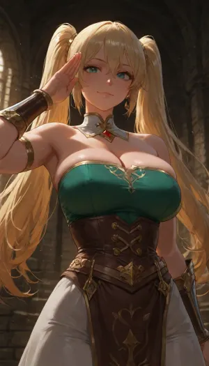 (anime illustration style 1.6), , (high quality anime shading 1.5), , (clean lineart 1.3), , (mature character design 1.6), , (adult woman 1.4), , (early thirties appearance 1.3), , (experienced adventurer 1.4), , (blonde hair 1.4), , (light golden hair tone 1.3), , (twin ponytails styled neatly 1.3), , (well-groomed hair 1.2), , (subtle hair volume 1.2), , (large expressive anime eyes 1.4), , (sharper eye shape 1.3), , (calm confident gaze 1.4), , (mature facial features 1.5), , (subtle smile with confidence 1.4), , (salute hand gesture 1.2), , (controlled deliberate pose 1.4), , (relaxed professional posture 1.5), , (upright balanced stance 1.4), , (athletic adult build 1.5), , (mature feminine proportions 1.7), , (balanced upper body definition 1.6), , (natural waist-to-hip ratio 1.6), , (strong core physique 1.4), , (green strapless top 1.5), , (well-fitted clothing 1.4), , (practical fantasy adventurer outfit 1.3), , (brown lower garment 1.2), , (sturdy waistband detail 1.2), , (scratches on skin 1.4), , (signs of past battles 1.5), , (weathered but resilient look 1.6), , (veteran adventurer impression 1.7), , (dungeon environment 1.6), , (stone brick walls 1.5), , (ancient ruined architecture 1.4), , (dark fantasy atmosphere 1.5), , (controlled dramatic lighting 1.4), , (strong character presence 1.6), , (heroic seasoned mood 1.7), , (confident adult aura 1.8)