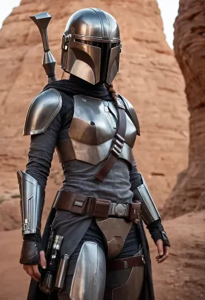 Uber realistic, 8k, ultra detailed, masterpiece, Star wars female, mandalorian, hair with a long braid, grey armor, black belt, black boots, grey mandalorian helmet, full Body Photo in sci fi setting, Future, Star wars, pussy, exposed, (pussy in view), (exposed pussy), (show pussy), bottomless, nude