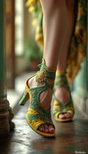 (Sandals {yellow and green}{ornate}{no hosiery}), (masterpiece, best quality, high resolution:1.1), (showing legs and shoes), <lora:add-detail-xl:1.2>, <lora:MJ52:.8>, <lora:BUT_SDXL_SHS:.8>