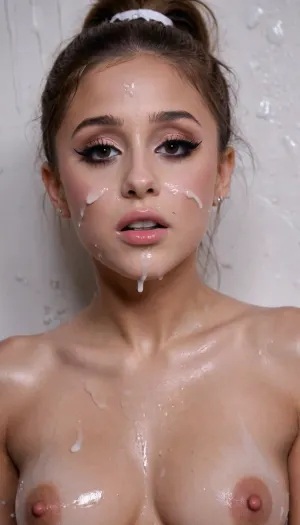 photo of Ariana Grande, breasts, pale skin, white cum on face, face covered in white cum, white cum dripping off face, white cum on breasts, cum soaked breasts, cold light, <lora:JustCum:.5>