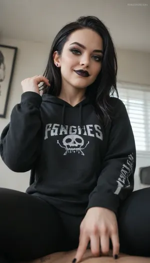 Goth girl, long black straight hair, black eye liner, black lipstick, black finger nails, interested look in her eyes, smirk, seductive, black gaming sweatshirt, black leggings, crawling on top of viewer, below view caressing cheeks
