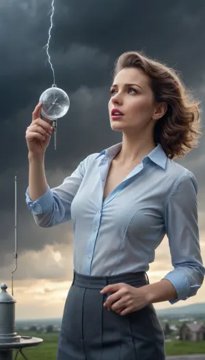 scientist woman, opened blouse showing nipples, floating hairs, (female meteorologist releases a probe near an observatory), lifting barometer, silver probe ballon near her, lightning in the sky, stormy weather, pastel painting, pastel style
