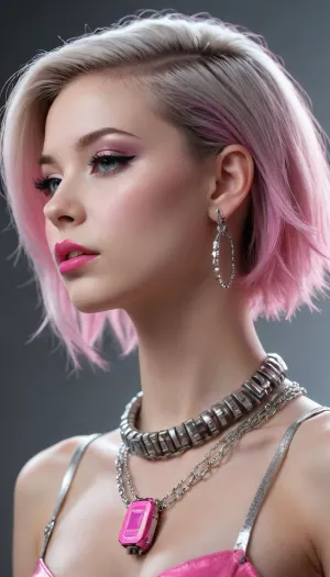 cyber punk, graphic design, pink electronic, girl's face, side view, pretty and cute, silver shiny necklace, silver background, gleaming lips, white skin