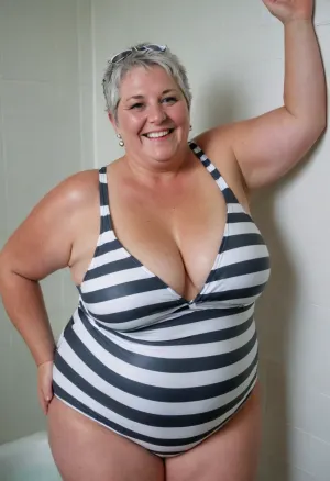 70 year old german woman, spiky grey hair, (((obese))), (((polkadot one piece swimsuit with white stripes))), in shower, full body, smiling, ((())), (()), pixie cut, (((wet))), (((soap)))