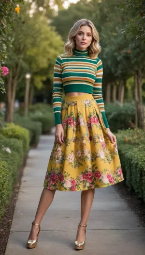 1 Girl, (30 Years old, FULL BODY, Clonated face), (Huge breasts, Slender waist, Wide hip, Sturdy legs), (Green eyes, Glowing eyes), (Medium hair, Wavy hair, Blonde), (The Garden of Eden), (Colorful horizontal striped turtleneck sweatshirt, long yellow wide skirt with floral print, elegant gold high heels), (Extrem long shot, Panoramic shot of her, FULL BODY)