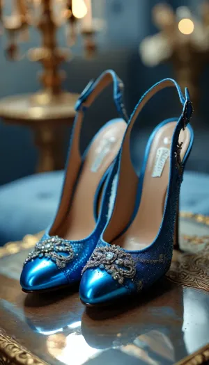 (Shoes {slingback}{blue}{sparkling}{ornate}{no hosiery}), (masterpiece, best quality, high resolution:1.1), view of shoes, <lora:add-detail-xl:1.2>, <lora:MJ52:.8>, <lora:BUT_SDXL_SHS:.8>