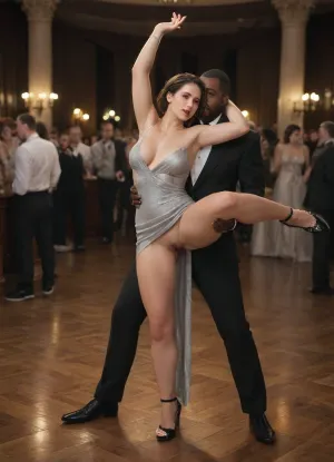 (Jill Valentine from Resident Evil 3 on a dance floor, elegant jewelry, ballroom:1.3), interracial sex, standing sex, the woman has lifted one leg and wrapped it around the man's waist, the man is holding the woman's leg, the man's penis is inserted into her vagina, the woman is facing the man, (fully clothed, form-fitting evening dress with a side slit, very beautiful cleavage, black lace-up salsa shoes:1.2), dress pulled up, (man and woman dancing, intense vaginal intercourse while dancing:1.3), sex man and woman, sex sounds, moaning, flushed cheeks, dim light, candlelight, deep shadows, night, slightly exposed, erect nipples, (dark-skinned African man, handsome, bearded, tuxedo, penis pulled out of his pants, massive black penis:1.1), ballroom, (many people nearby, spectators:1.3), semen running down the woman's leg.