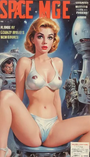 (single drawn female:1.3), (illustration:1.8), (hand drawn:1.3), (magazine cover:1.3), (TITLE text, "Space Goddess":1.8), 1950s, 22 years old, ringlets, beautiful, naked, holding a laser gun, translucent see through silver space suit, glasses, sexy expression, eye contact, light makeup, long eyelashes, big breasts, incredibly enormous wide areolae, big puffy erect nipples, hairy hairy bush, (in an illustrated 1950s spaceship:1.4), (view from thighs upspace monster in the background:1.6), VintageMagStyle, <lora:iltromba_artwork_style_smm_SDXL_LORA_v07:.8>, <lora:text:.8>, <lora:MJ52:.9>, <lora:SDXL-VintageMagStyle-Lora:.8>, <lora:ISA-000008:.8>