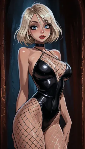 reiq style and Jack cayless art style, beautiful sexy body, all body, ratatatat74, <lora:LCMTurboMix_Euler_A_fix:1.4>, <lora:EnvyBeautyXL02:1>, <lora:mk_Bp Anime_xl:1>, <lora:EnvyAnimeDigitalPaintingXL01:1>, <lora:ratatatat74-000050:1.9>, yellow fishnet