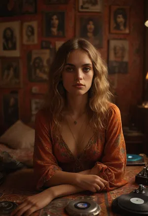 In a 1970s-inspired vintage bedroom, a 23 years old woman lies on her bed, her long, slightly tousled blonde hair framing her face, she wears a colorful, form-fitting dress with intricate patterns, reflecting the bohemian hippie style, perfect anatomy, perfect hands, the room is filled with vibrant, self-painted furniture, (and walls adorned with posters of music bands:1.4), (posters of The Doors and Frank Zappa:1.4), as well as travel and concert photographs, (a high-detail vintage turntable sits on the floor:1.4), (surrounded by vinyl records and album covers:1.2), she listens to music, (placing records on the turntable:1.3), (wearing vintage headphones:1.3), her expression is calm and satisfied, the scene is rich in detail, from the texture of her skin to the intricate patterns of her dress, the atmosphere captures the essence of the 70s, with high realism in every element, from her hands and feet to the delicate details of her face, <lora:detailed_notrigger:2>, <lora:SDXLFaeTastic2400:2>, <lora:MJ52:2>, <lora:Sweaty_Realism_4-000006:.8>, <lora:Brazilian_Perfect_Pussy_SDXL-000008:.8>