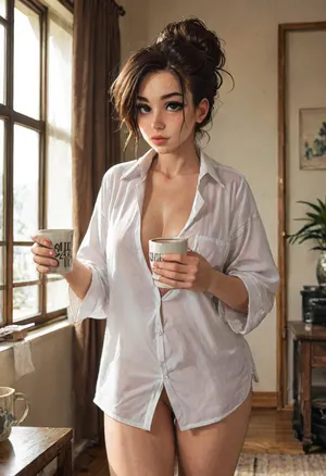 A 22yo girlfriend with a girl-next-door appearance standing in a living room drinking a cup of coffee, wearing an open men's button-up shirt, oversized shirt, no underwear, bay window, morning sunlight shining through, hair up in a messy bun, no make-up, , ((Melkor mancin meet markgavatino style)), reiq style, ratatatat74, SamDoesArts, <lora:LCMTurboMix_Euler_A_fix:1.1>, <lora:ratatatat74-000050:1.8>, <lora:mk_Bp Anime_xl:1.2>, <lora:焦茶_XL:2>, <lora:SDXLSamDoesArts:1.6>, 