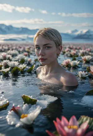 a beautiful, slender, short pixie cut blonde, 33-years-old woman swimming in the cold Arctic Ocean, perfect face, swimming through a sea of ​​water lilies covered in crystal-clear ice, (​​highly detailed water lilies covered in ice:1.5), The icy surroundings are full of polar colors. Icebergs and ice floes give the image a breathtaking natural setting, afternoon, backlight, Warm sunbeams mix with the cold blue and Turkish of the Arctic Ocean, ais-icebaby, made, of, Ice, Lagoon, sunlight_str1, vibrant, dream, pale, reality, <lora:Ice Lagoon:1.3>, <lora:sunlight_str1-SDXL_v1-dim64-steps1691:1>, <lora:vibrant_dream:.5>, <lora:MJ52:.3>
